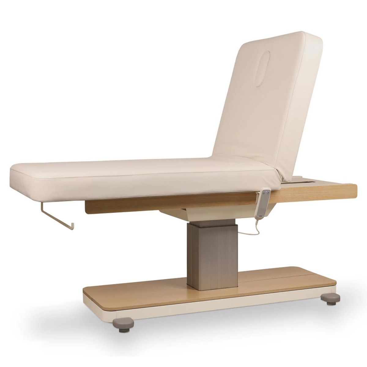 Table de massage ORION CR OAK avec base centrale robuste finition bois, revêtement PU crème, réglage électrique, dossier inclinable, coussin amovible avec ouverture faciale et porte-rouleau intégré.