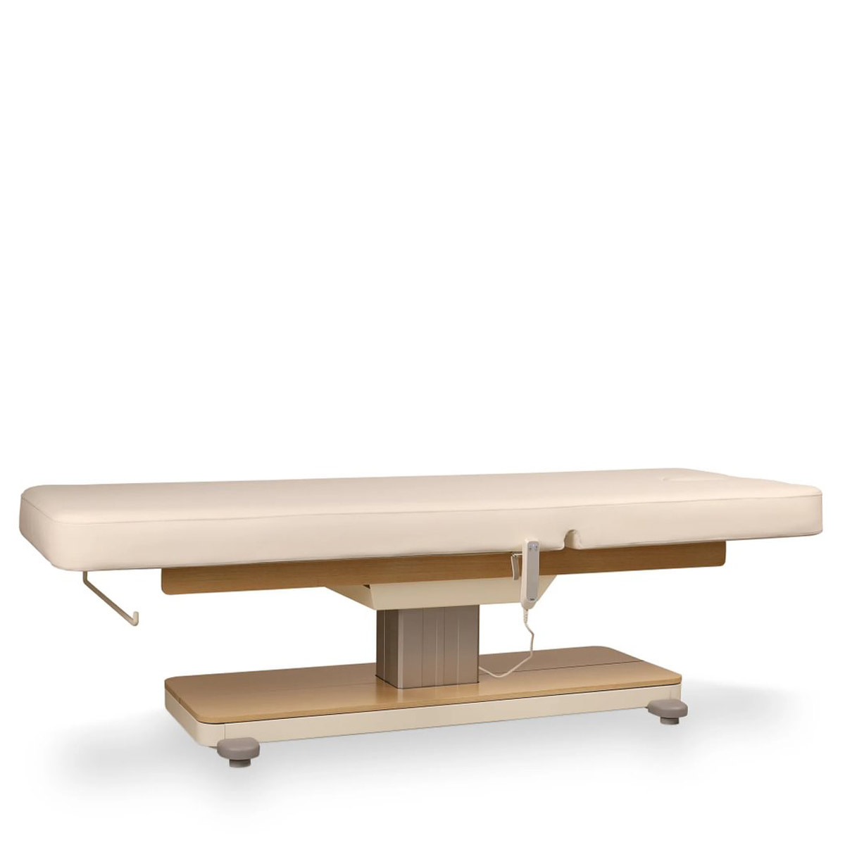 Table de massage ORION CR OAK avec base centrale robuste finition bois, revêtement PU crème, réglage électrique, dossier inclinable, coussin amovible avec ouverture faciale et porte-rouleau intégré.