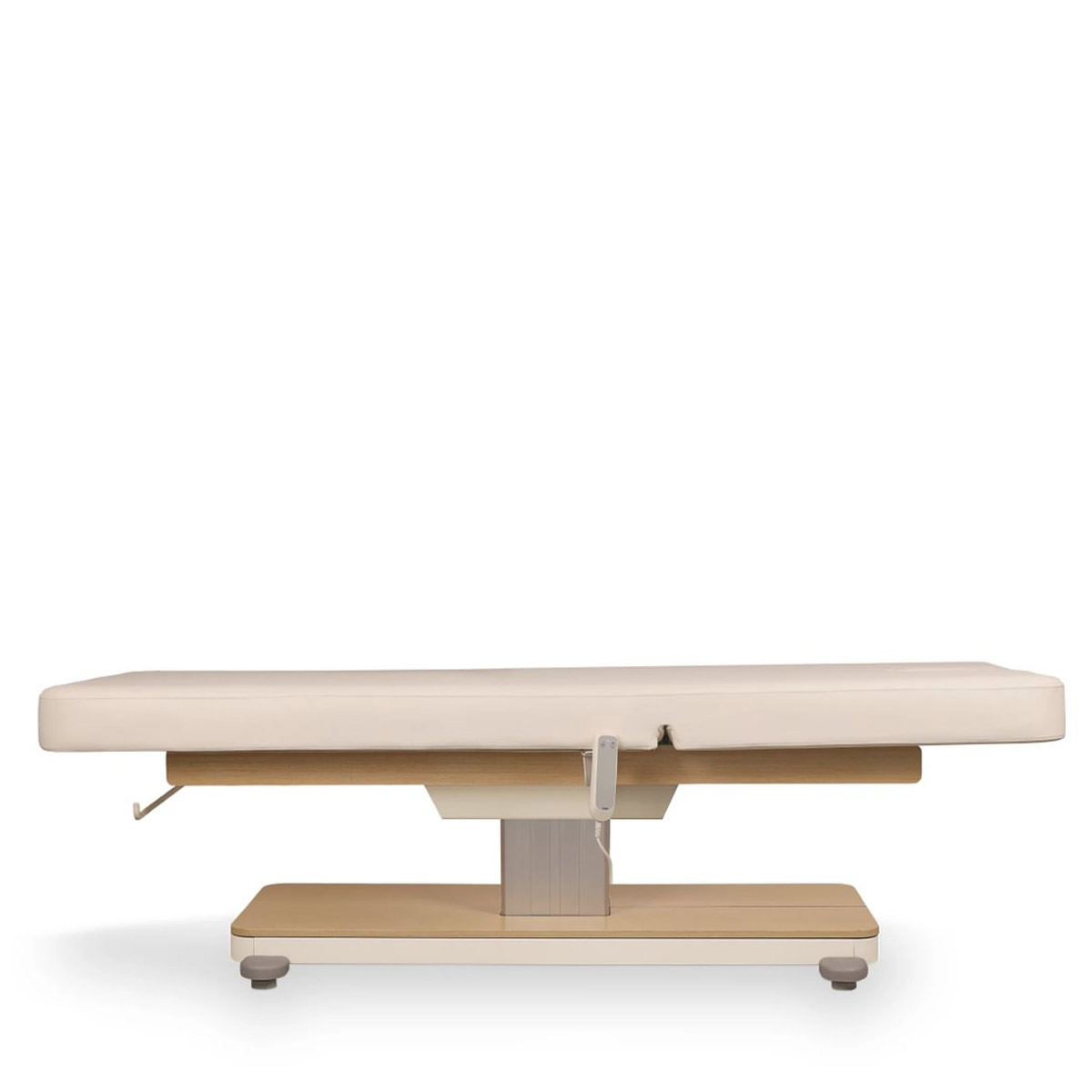 Table de massage ORION CR OAK avec base centrale robuste finition bois, revêtement PU crème, réglage électrique, dossier inclinable, coussin amovible avec ouverture faciale et porte-rouleau intégré.