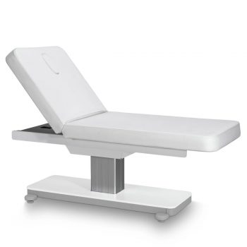 Table de soin et massage pour institut, base blanche, matelas en PU blanc, réglable en hauteur motorisé, inclinaison dossier par vérin