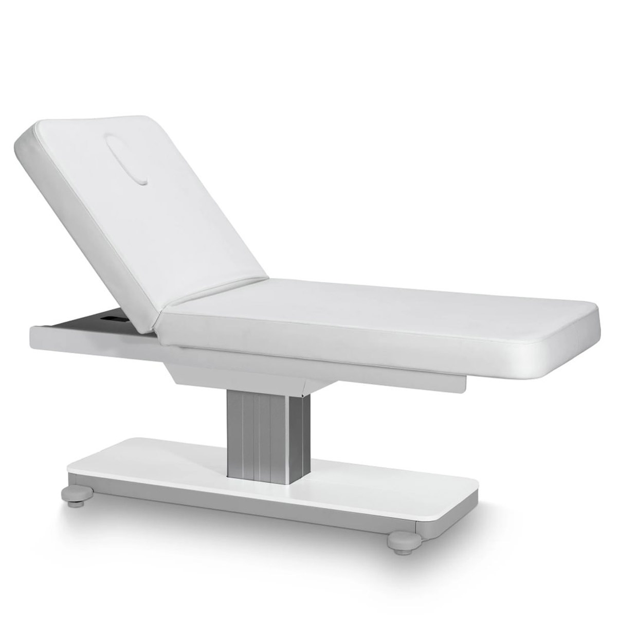 Table de soin et massage pour institut, base blanche, matelas en PU blanc, réglable en hauteur motorisé, inclinaison dossier par vérin