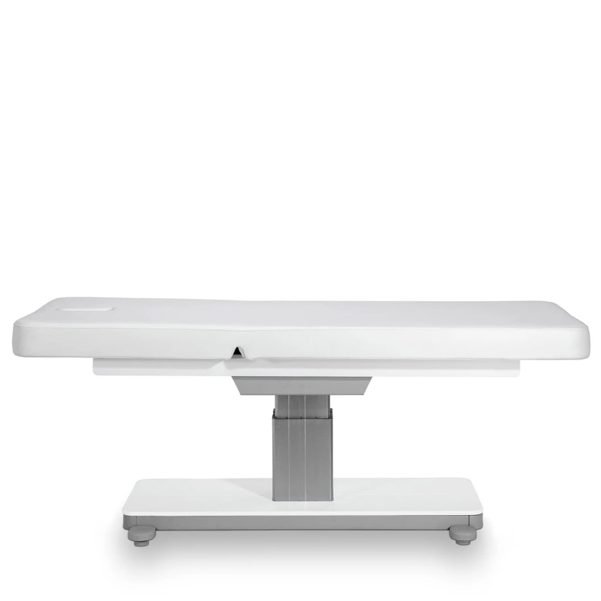 Table de soin et massage pour institut, base blanche, matelas en PU blanc, réglable en hauteur motorisé, inclinaison dossier par vérin