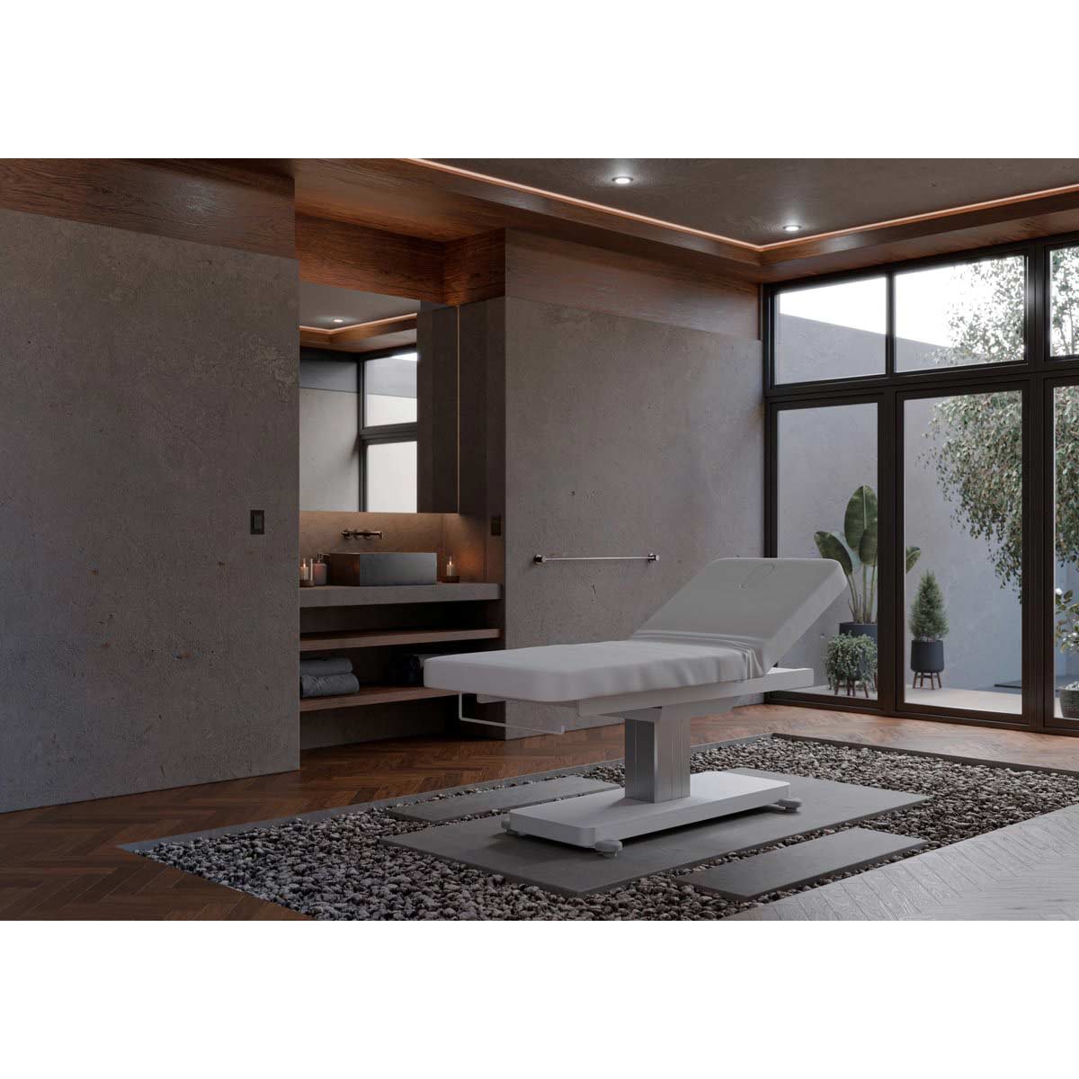 Table de soin et massage pour institut, base blanche, matelas en PU blanc, réglable en hauteur motorisé, inclinaison dossier par vérin