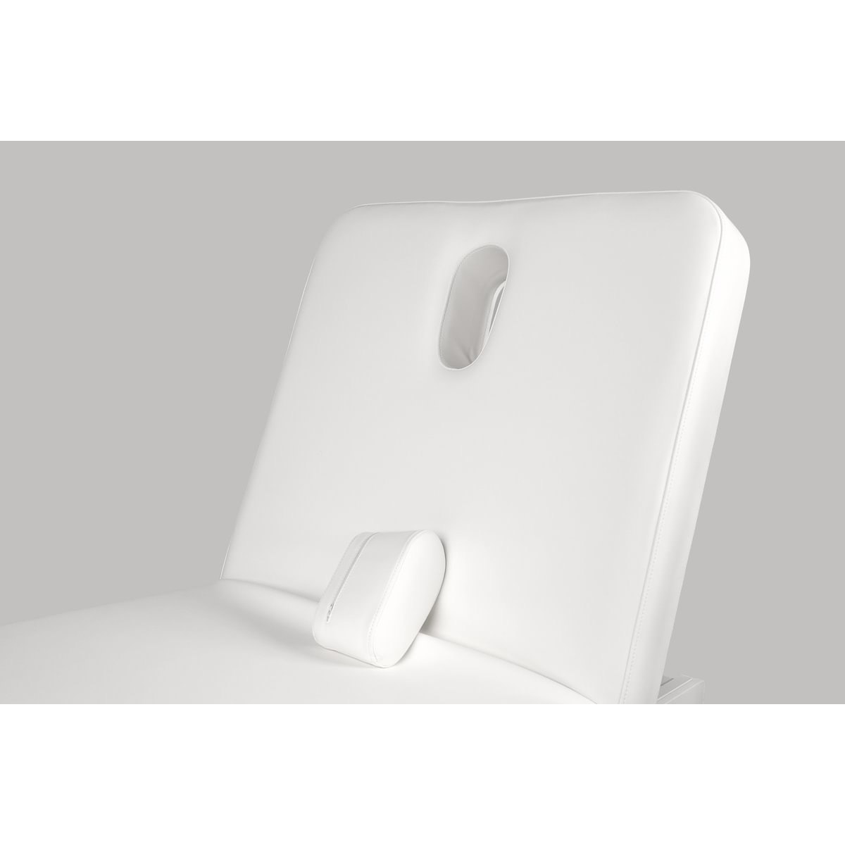 Table de soin et massage pour institut, base blanche, matelas en PU blanc, réglable en hauteur motorisé, inclinaison dossier par vérin