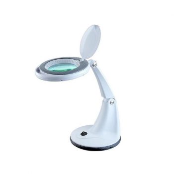 Lampe de bureau LED SCALE avec loupe grossissante x5, tête rotative et éclairage blanc uniforme pour travaux précis.