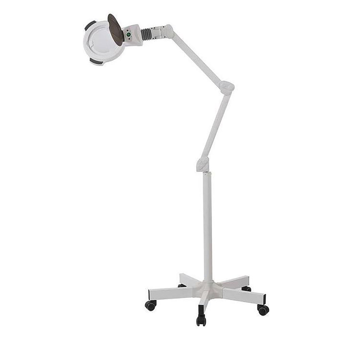 Lampe loupe LED ZOOM PLUS sur pied avec bras articulé, lumière froide réglable et base à cinq roulettes pour usage professionnel.
