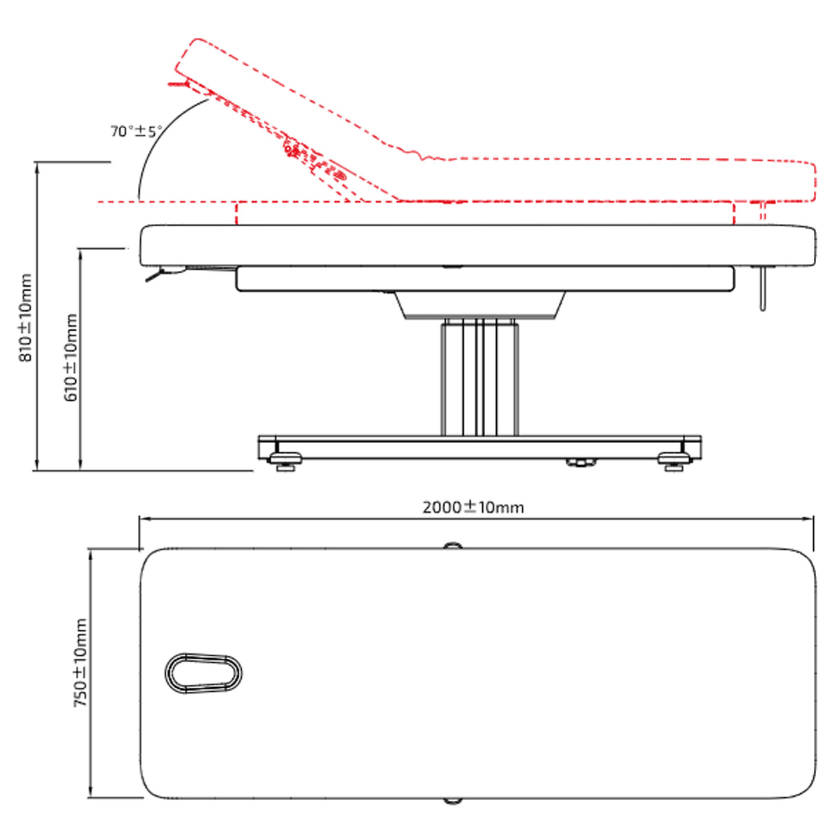 Table de soin et massage pour institut avec matelas en PU, réglable en hauteur motorisé, inclinaison dossier par vérin