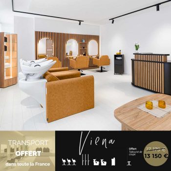 Ensemble de mobiliers pour salon de coiffure, comprenant, bacs à shampoing, postes de coiffage et fauteuils de coiffure et meuble de réception, design contemporain et chaleureux