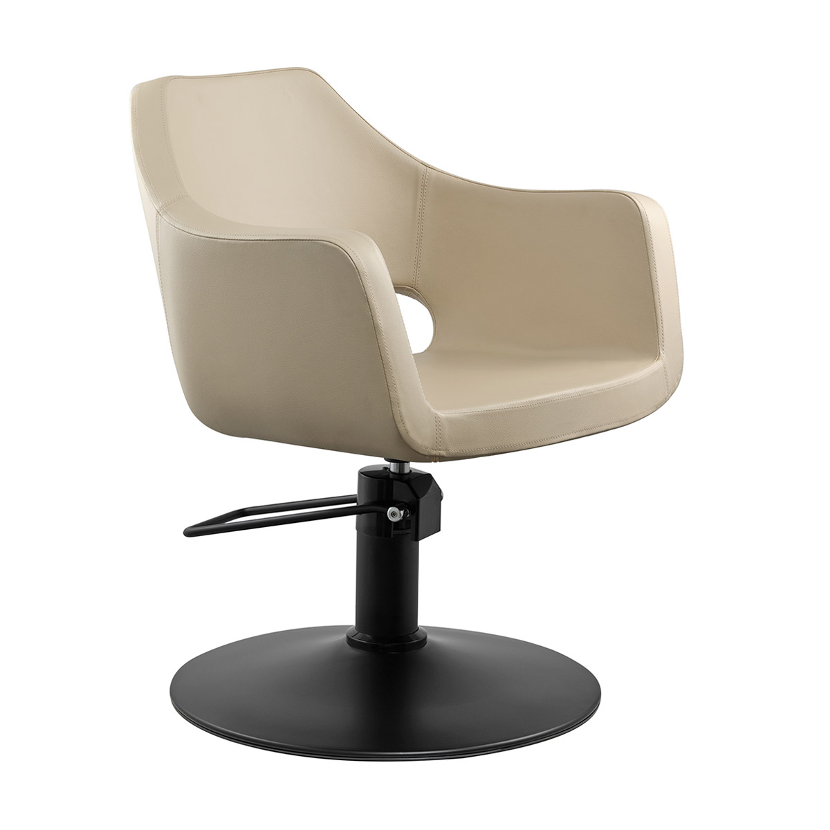 Fauteuil de coiffure professionnel WHIM Beige avec base ronde noir mat et assise en similicuir beige.