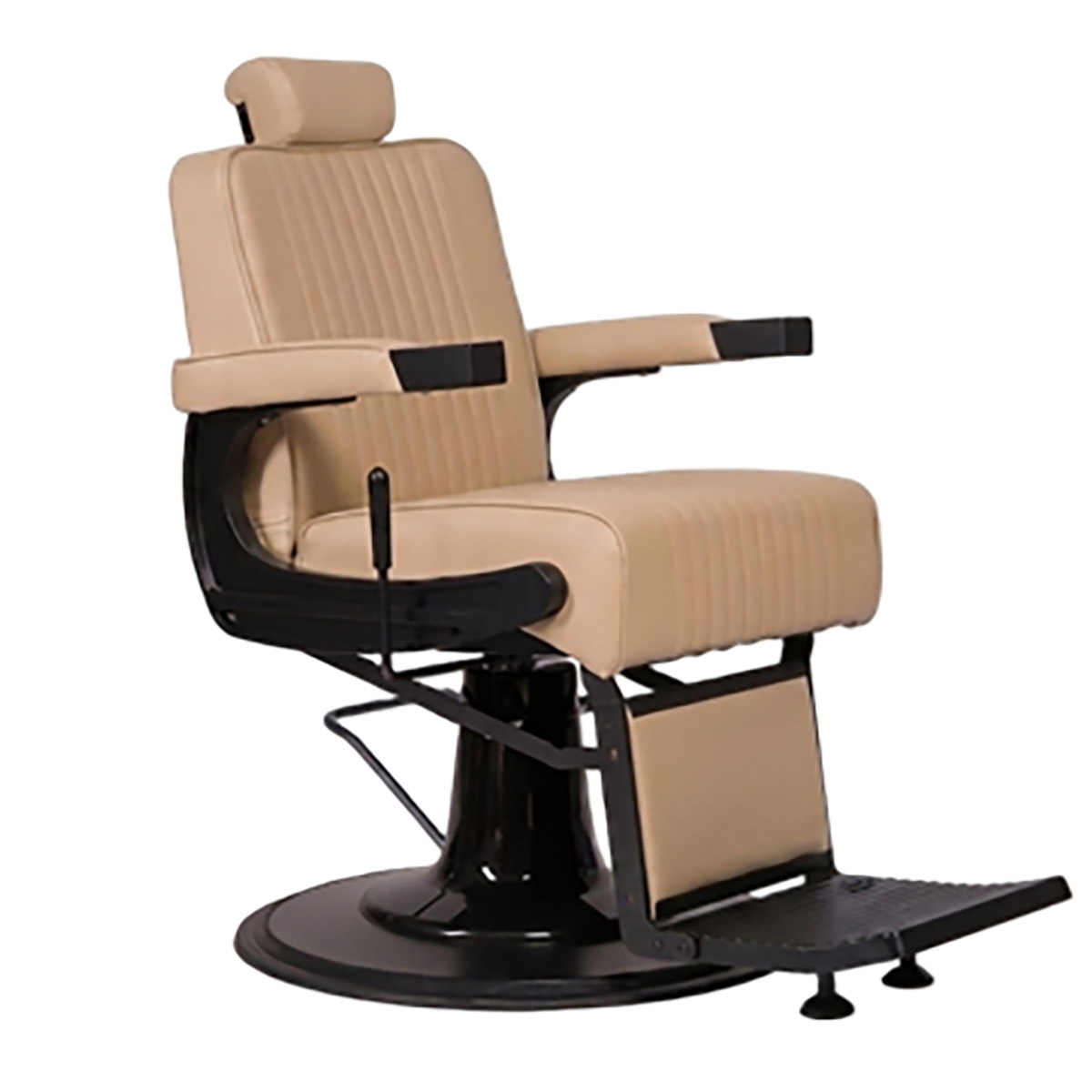 Siège pour salon de barbier et barber shop, finitions noir mate et revêtement en skaï beige, réglable en hauteur, dossier inclinable et têtière amovible et extensible